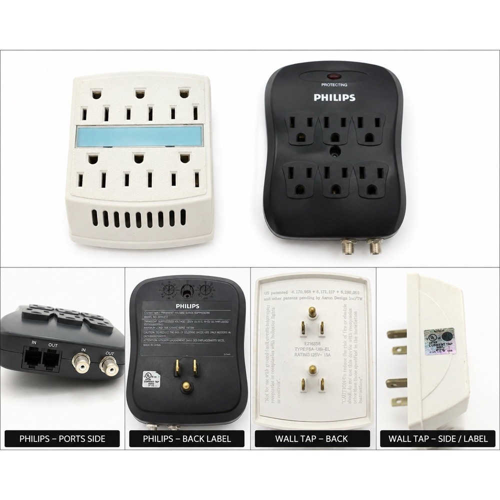 Lot of 2 Surge Protectors Philips SPP2217WA/17 & 6 Outlet Wall Tap Adapter